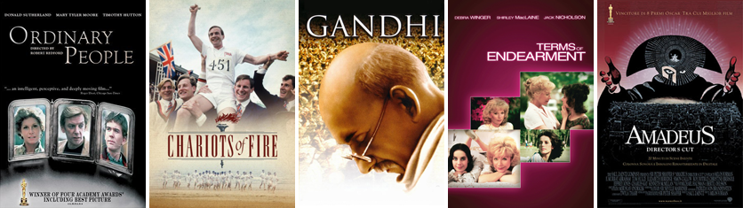 Best Picture Oscar Winners: Ordinary People (1980), Chariots of Fire (1981), Gandhi (1982), Terms of Endearment (1983), & Amadeus (1984)