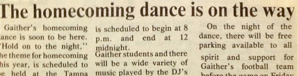 80s Homecoming Prom newspaper article