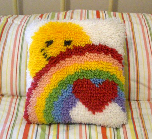 Latch Hook Pillow: Sun, Rainbow & Heart (photo credit: REdesignkc)