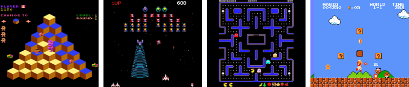 Q*bert, Ms. Pac Man, Galaga, Super Mario Bros.