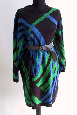 Sweater dress with emerald and royal blue asymmetrical pattern (photo credit: LoverlyVintage)