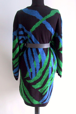 Sweater dress with emerald and royal blue asymmetrical pattern (photo credit: LoverlyVintage)