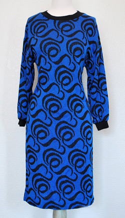 Sweater dress with royal blue and black swirl pattern (photo credit: Waistland)