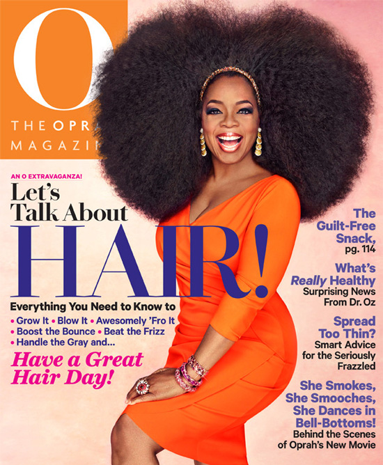 Oprah shows off her big hair on the cover of O