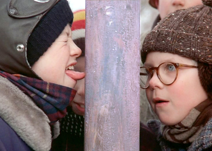 Tongue frozne to pole scene from A Christmas Story