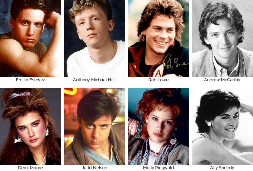 The Brat Pack: Emilio Estevez, Anthony Michael Hall, Rob Lowe, Andrew McCarthy, Demi Moore, Judd Nelson, Molly Ringwald, & Ally Sheedy