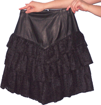 Black leather mini skirt with lace ruffles