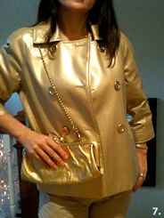 Julie in her metallic gold pleather swing coat