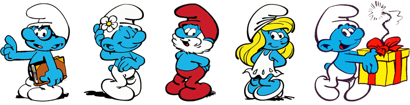 Brainy Smurf, Vaniety Smurf, Papa Smurf, Smurfette, Jokey Smurf