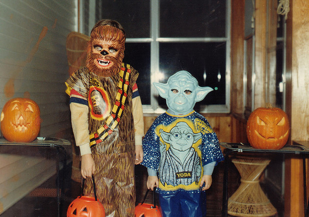 Star Wars Chewbacca and Yoda 80s Halloween costumes with masks